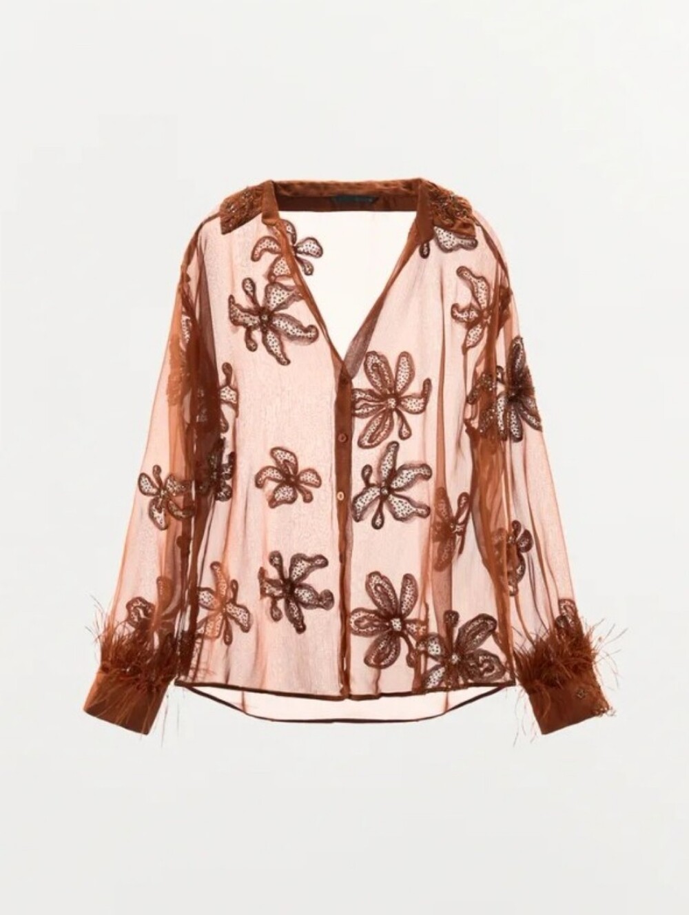 Zara Semi-sheer Floral Beaded Embroidery Feathered Long Sleeve With Front Button - Picture 2 of 11